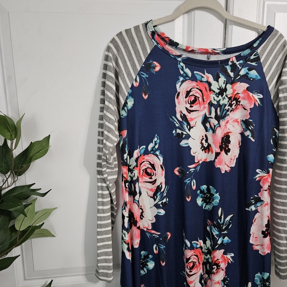 Floral Navy and Gray Striped Women's Dress - Picture 2 of 4